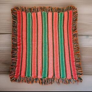 VTG Handmade Afghan Throw Crochet/Knitted Tassled Coral Green  44"×48" READ